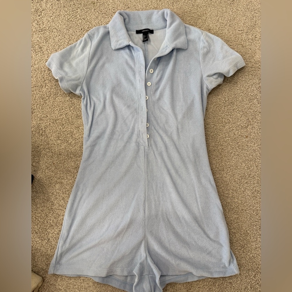 Forever 21 Light Blue Collared Terrycloth Jumpsuit